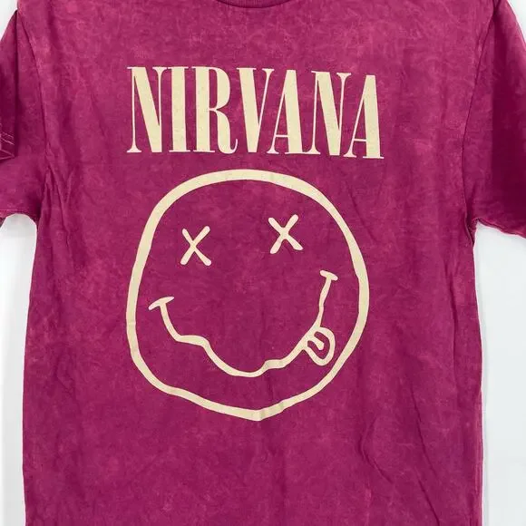 Officially Licensed Nirvana Nevermind Smiley Grunge Tee Magenta Acid Wash Medium - Picture 4 of 5
